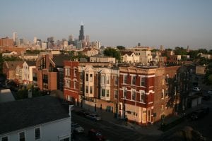 View of a Chicago neighborhood and the city skyline