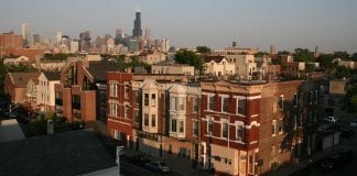 View of a Chicago neighborhood and the city skyline