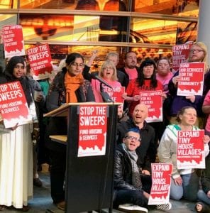 Tiny houses: Seattle councilmember Kshama Sawant discusses tiny houses at a press event in 2019