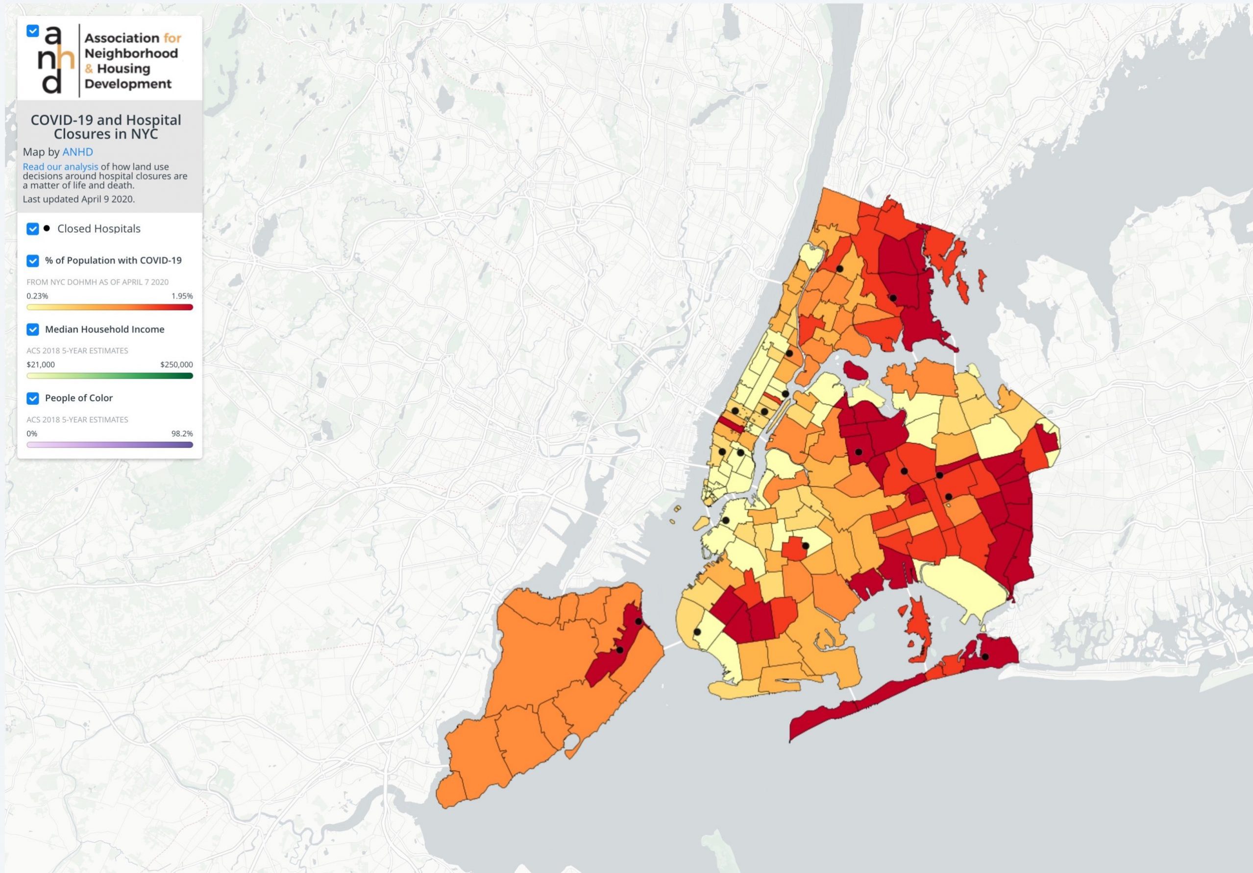 map showing closed hospitals in the neighborhoods of New York City