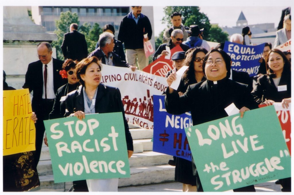 A protest against violence targeting Asian Americans; anti-Asian-American harassment