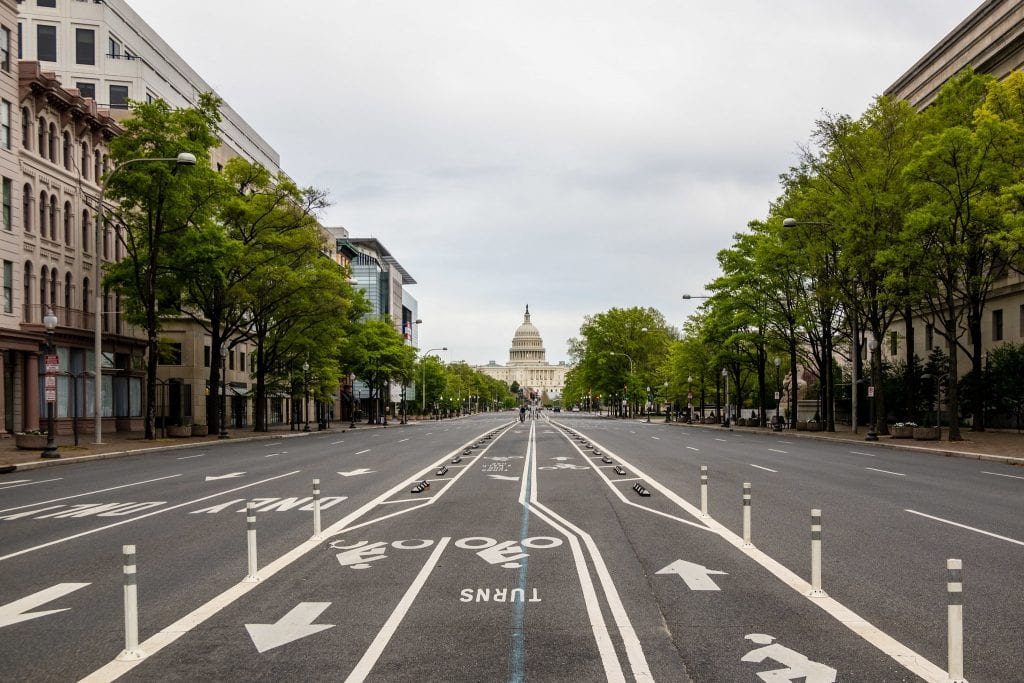 Empty streets in Washington, D.C., due to the COVID-19 pandemic. You can see the Capital building int the center. Renters are asking for rent relief as it's been difficult to stay afloat during the pandemic.