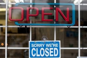 Sign in shop window that says "sorry we're closed"; small-business lenders, Payroll Protection Plan, PPP