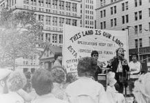 Frances Goldin speaks at a rally