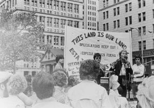 Frances Goldin speaks at a rally