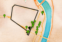 A map displaying the boundary of a neighborhood, with several green markers within the boundary and many other green markers outside of it.
