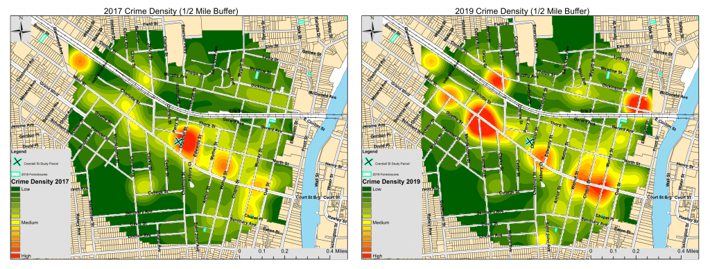 Heat maps measuring crime in a Binghampton, NY neighborhood before and after building rehabilitations were done. The first map in 2017 shows a large, green area, with a cyan X denoting the site of rehab. Around that site was a bright red spot, denoting a high level of crime. The second map shows that crime has decreased around the site where rehab was done but increased in other areas.