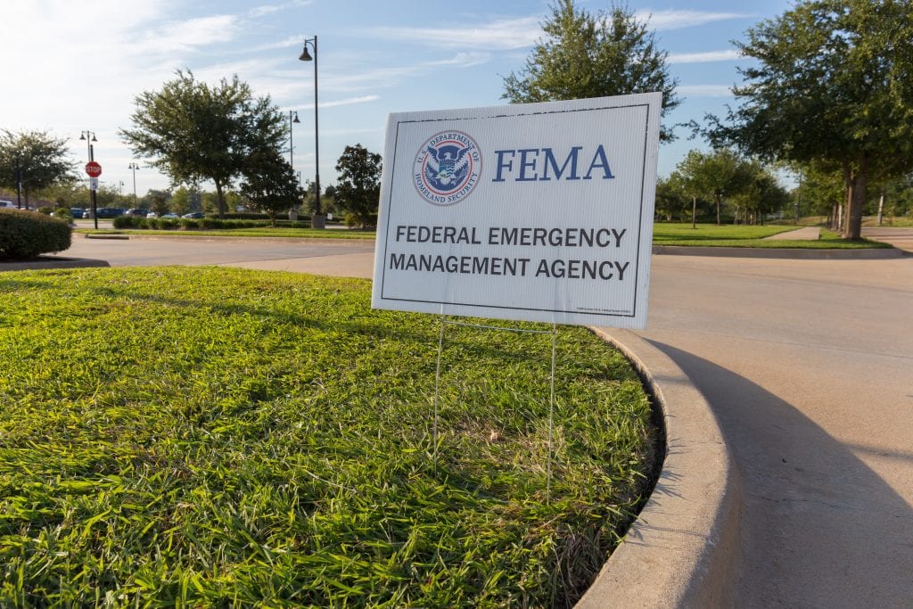 A FEMA sign posted outside the hurricane Harvey disaster recovery center.