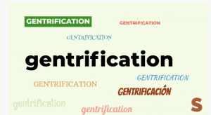 An image with the word gentrification over and over again in different fonts and colors.