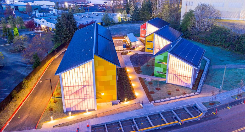 A drone photo of Argyle Gardens in Portland, Oregon, an example of cost-efficient design and construction