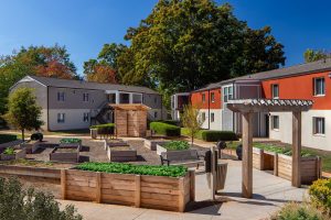An outdoor view of Amani Place in Atlanta, showing raised gardening beds in a sunny area near the apartments. 