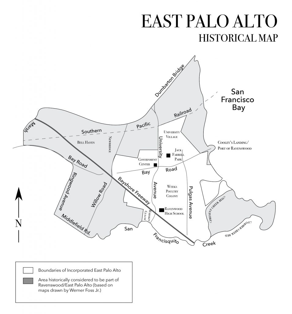 An old map of East Palo Alto with the edges of the area shaded to denote land that had been appropriated by neighboring counties.