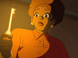 Screenshot from game of a young Black woman holding a glowing key