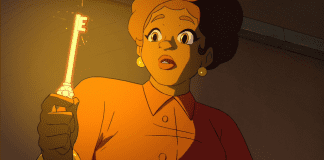 Screenshot from game of a young Black woman holding a glowing key