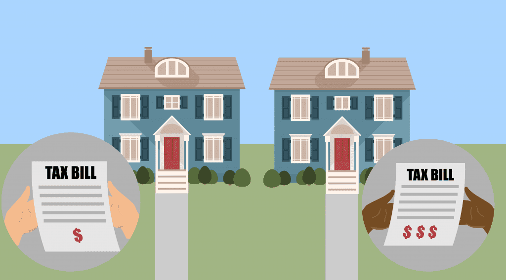 An illustration that shows two homes and two tax bills. The home owned by a white homeowner has a lower tax bill than the home owned by the homeowner of color.