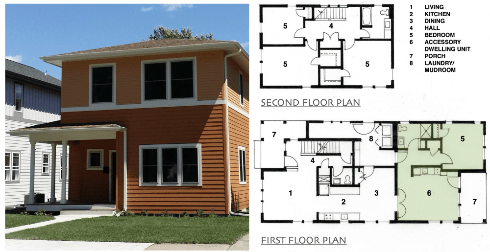 At left, an orange-colored, two-story home. At right is the home's floor plan, broken down by floor. On the first floor a portion is highlighted in green, which shows where the accessory dwelling unit, or ADU, is located within the home.