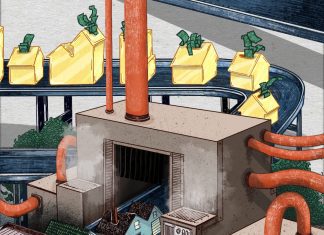 An illustration of homes on a conveyor belt going through a machine and coming out as golden homes. Green dollar bills are coming out of the homes. This illustrates the financialization of housing.