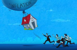 An illustration of folk—men and women–running after a home that's being taken away by an "inflation" balloon. The illustration has a blue tinge to it.