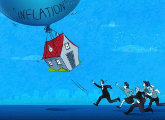 An illustration of folk—men and women–running after a home that's being taken away by an "inflation" balloon. The illustration has a blue tinge to it.