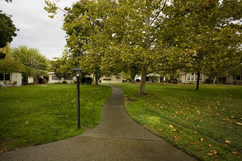 A view down a walkway at a mobile home park in California. Trees dot the lawn and the mobile homes line the walkway in the distance.