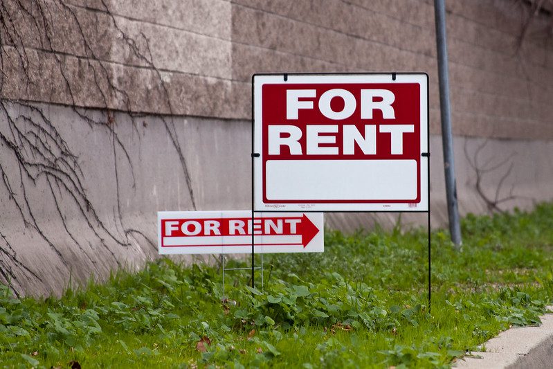 Two "for rent" signs on wire stanchions posted very close together. Neither has anything written in the space provided for a phone number, address, or rental agent.