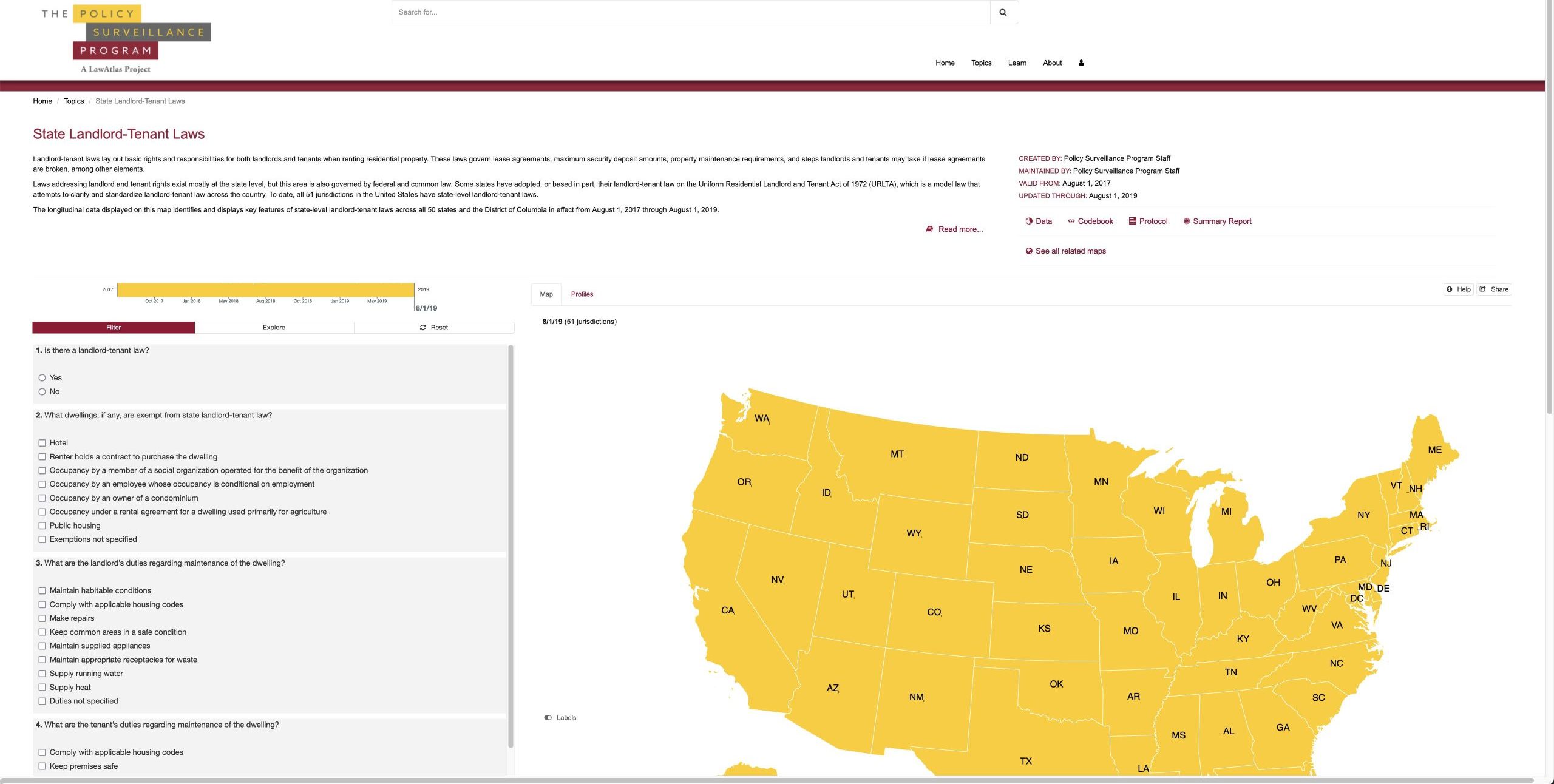 A screenshot of a page at the Policy Surveillance Program website showing a map of the U.S. on the right, with a list on the left showing what information is available about each state.
