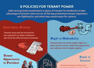 An illustration highlighting the 6 policies tenants are fighting for, including good cause eviction, right to habitability, right to counsel, rent regulation, tenant opportunity to purchase, and right to organize.