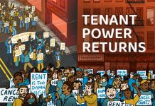 An illustration show tenants rallying on the streets. Some have signs that read "Rent is Too Damn High." The illustration is part of Shelterforce's series "Tenant Power Returns."