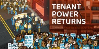 An illustration show tenants rallying on the streets. Some have signs that read "Rent is Too Damn High." The illustration is part of Shelterforce's series "Tenant Power Returns."