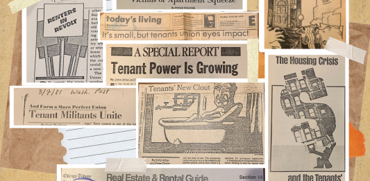 On a bulletin board or thick cardboard backing are taped 11 clippings of news headlines, cartoons, and newsletter covers, all about the tenant organizing movement of the 1970s and '80s.