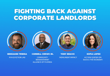 An ad for Shelterforce's webinar, "Fighting Back Against Corporate Landlords." We had four speakers.
