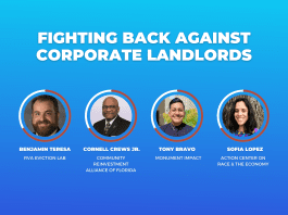 An ad for Shelterforce's webinar, "Fighting Back Against Corporate Landlords." We had four speakers.