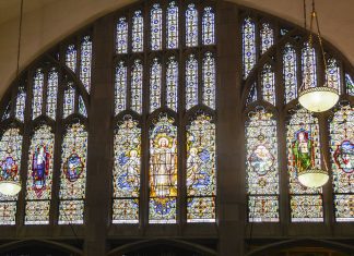 Interior view of the stained glass windows of Abyssinian Baptist Church in Harlem.