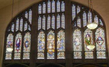 Interior view of the stained glass windows of Abyssinian Baptist Church in Harlem.