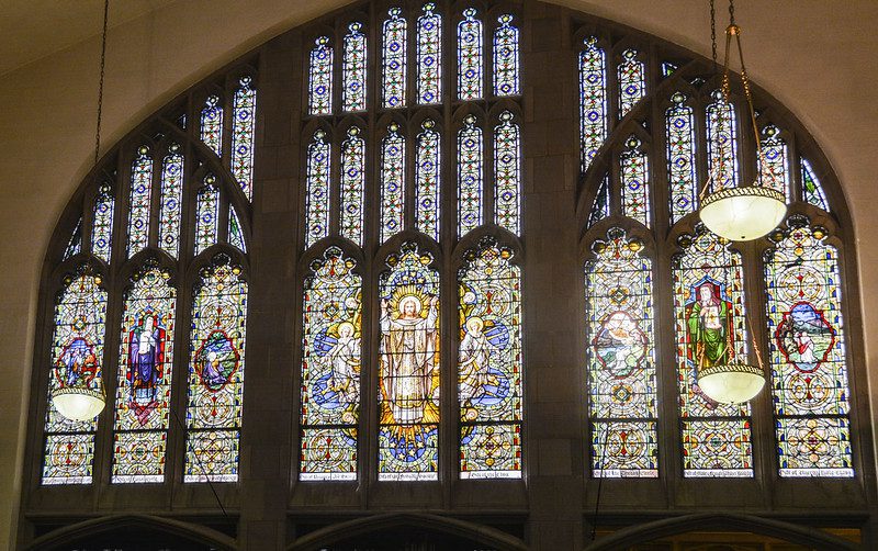 Interior view of the stained glass windows of Abyssinian Baptist Church in Harlem.