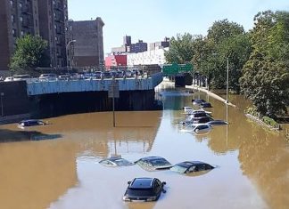 At left, tall apartment towers. At right, trees, In foreground, several mostly submerged cars in brown floodwaters, under a blue sky.