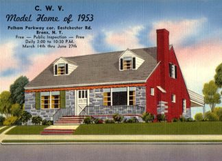 A 1953 postcard advertising a model home, a small Cape Cod with a stone front and two dormer windows. The side of the house is painted red.