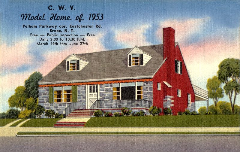 A 1953 postcard advertising a model home, a small Cape Cod with a stone front and two dormer windows. The side of the house is painted red.