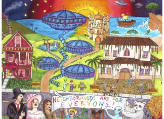 A colorful scene showing many kinds of houses including some that look like flying saucers. The residents include animals and aliens. In the foreground, a group of people and animals hold up a banner proclaiming "Neighborhoods are for everyone!"