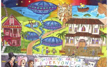 A colorful scene showing many kinds of houses including some that look like flying saucers. The residents include animals and aliens. In the foreground, a group of people and animals hold up a banner proclaiming "Neighborhoods are for everyone!"