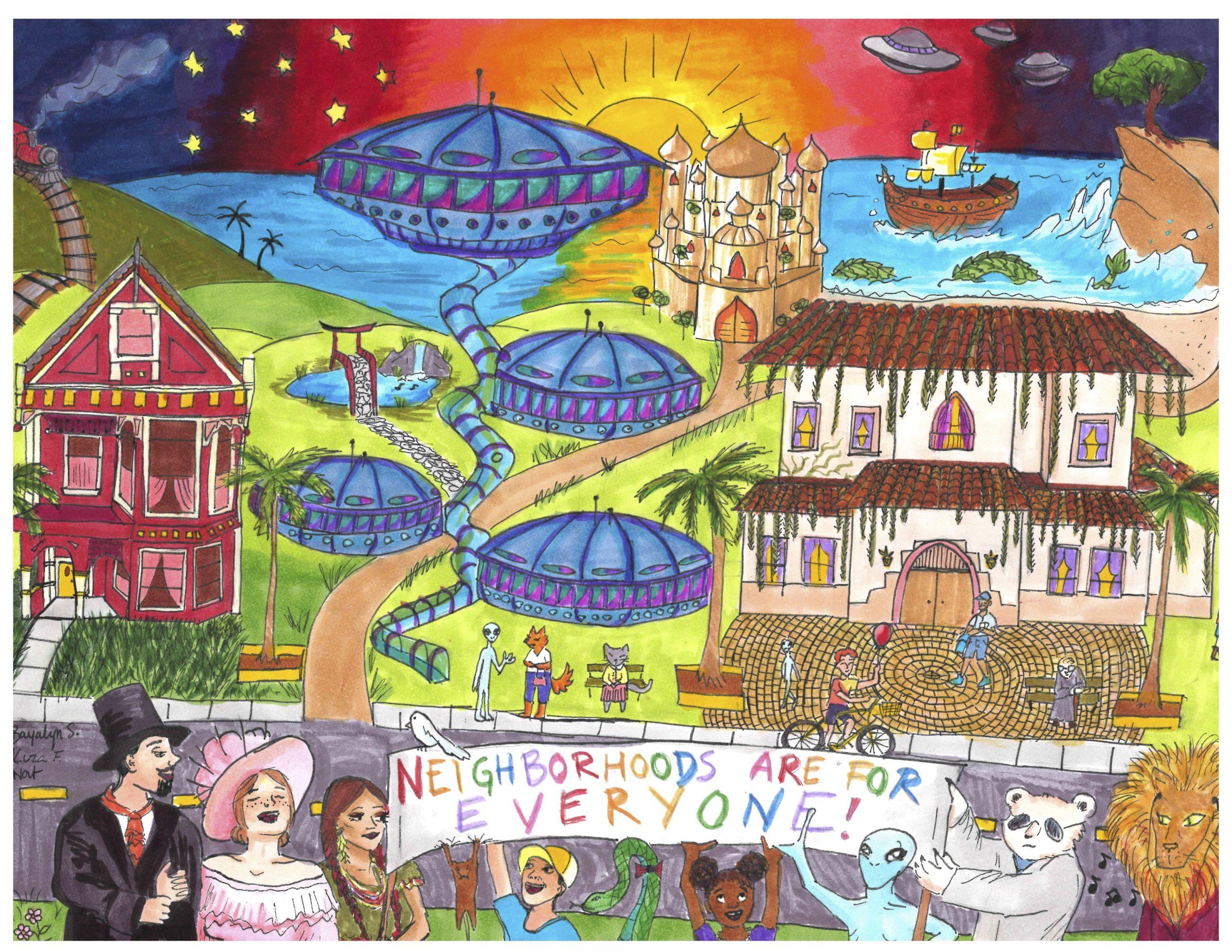 A colorful scene showing many kinds of houses including some that look like flying saucers. The residents include animals and aliens. In the foreground, a group of people and animals hold up a banner proclaiming "Neighborhoods are for everyone!"