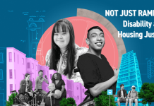 A composite picture that includes blueprint-style drawings on blue, a row of apartments in pink and a tall tower in blue. Large figures are a smiling young woman with long black hair and a smiling young man in a wheelchair. Smaller images include people with canes and in wheelchairs, and two men seated on a bench at a bus stop, the older one wearing dark glasses and holding a cane.