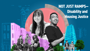 A composite picture that includes blueprint-style drawings on blue, a row of apartments in pink and a tall tower in blue. Large figures are a smiling young woman with long black hair and a smiling young man in a wheelchair. Smaller images include people with canes and in wheelchairs, and two men seated on a bench at a bus stop, the older one wearing dark glasses and holding a cane.