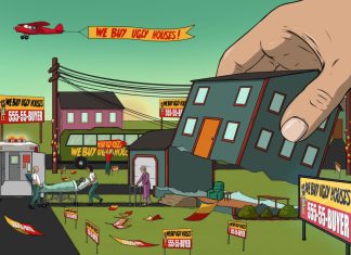 An illustration of a home being grab by giant hands. In the background, a red plane holds a banner that reads "We Buy Ugly Houses!"
