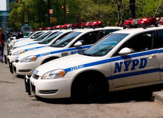 A row of New York Police Dept. cars lined up, half on the sidewalk, half in the gutter. At least 7 cars can be counted. Cars are white with blue lettering. At left, a woman is walking in the road past the cars.