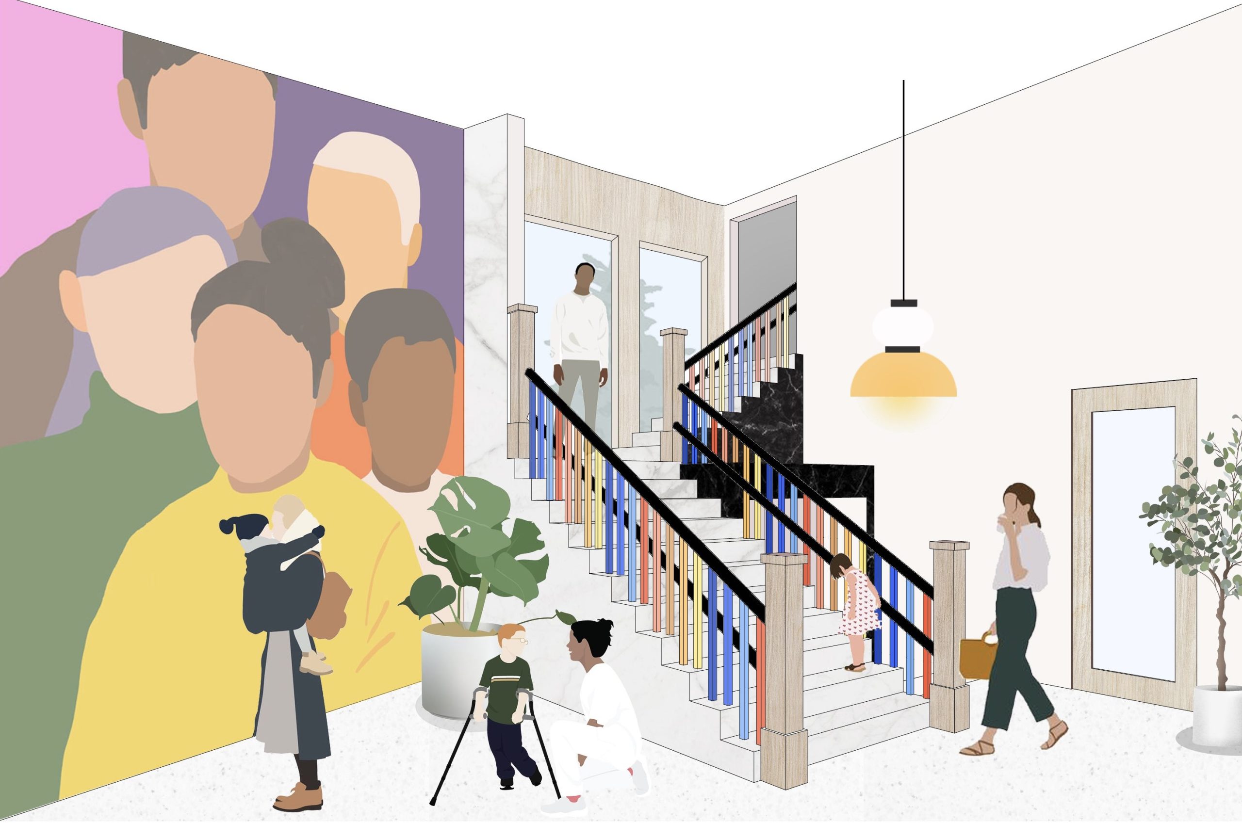 A large open space with a staircase that has multicolored balusters. At left is a large mural of people with different skin tones and in front of it is a person holding a small child. Dual handrails on staircase ensure adult and child can safely use stairs by holding height appropriate handrails. There’s another small child, this one on crutches, and a woman in white is crouching beside him. There’s a man on the landing of the staircase and a small girl climbing the steps. Behind her is a woman carrying a bag or briefcase and drinking from a cup.