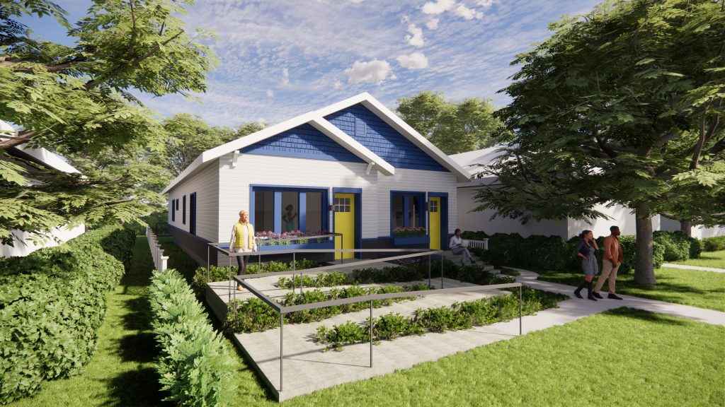 An artist's rendering of a bungalow-style two-family home in white and blue with yellow doors. With modifications, it is now accessible. At left, a winding ramp leads to one door; at right, conventional steps lead to the entrance of the other residence.