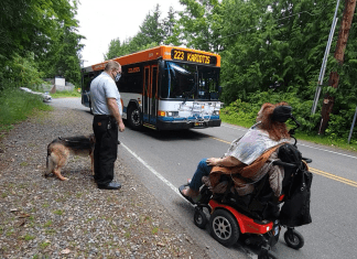 A woman in a motorized wheelchair travels along a rural road with no sidewalks, as a bus approaches close to her from the opposite direction. Standing on the coarse gravel shoulder of the road is a man with a dog.
