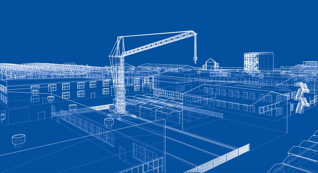 A stylized drawing of an urban scene done in the style of a blueprint. A crane looms over rows of buildings.