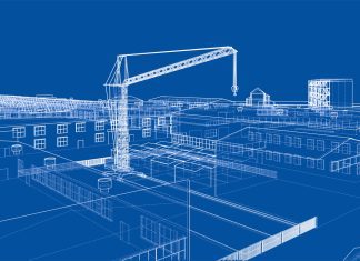 A stylized drawing of an urban scene done in the style of a blueprint. A crane looms over rows of buildings.